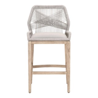 Loom Outdoor Barstool, Pumice & Grey Mahogany with Taupe & White Rope For Sale