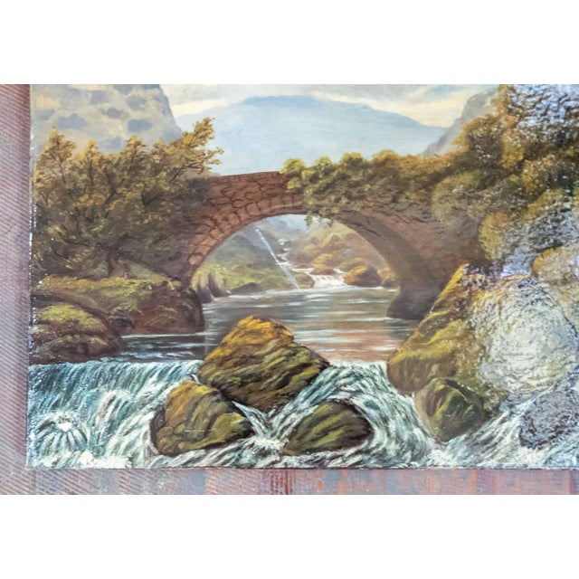 19th Century 19th Century English Folk Art Landscape Painting of a Bridge Over a Stream For Sale - Image 5 of 11