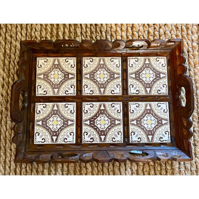1970s Vintage Arts and Crafts Wooden Tile Serving Tray W/ Handles For Sale - Image 5 of 5