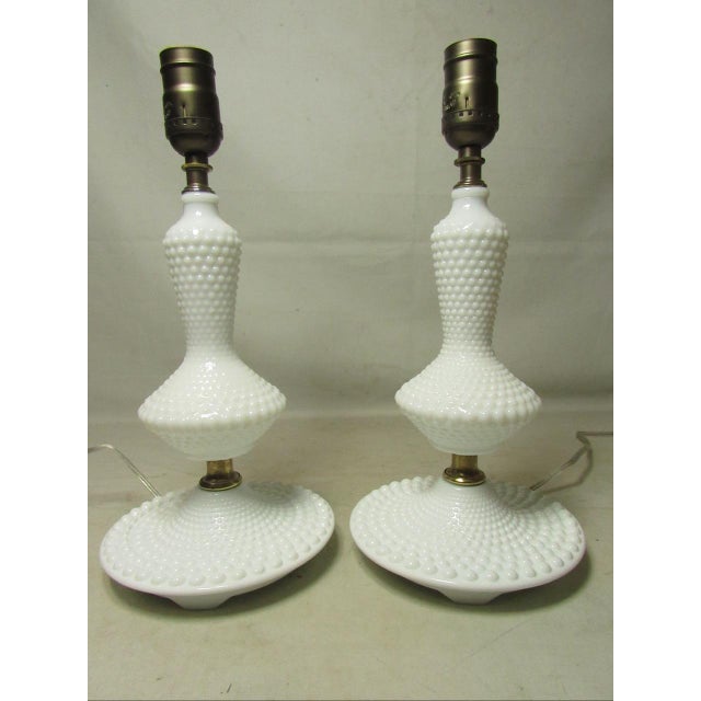 Glass 1950s Pair of Hobnail Milk Glass Lamps For Sale - Image 7 of 15