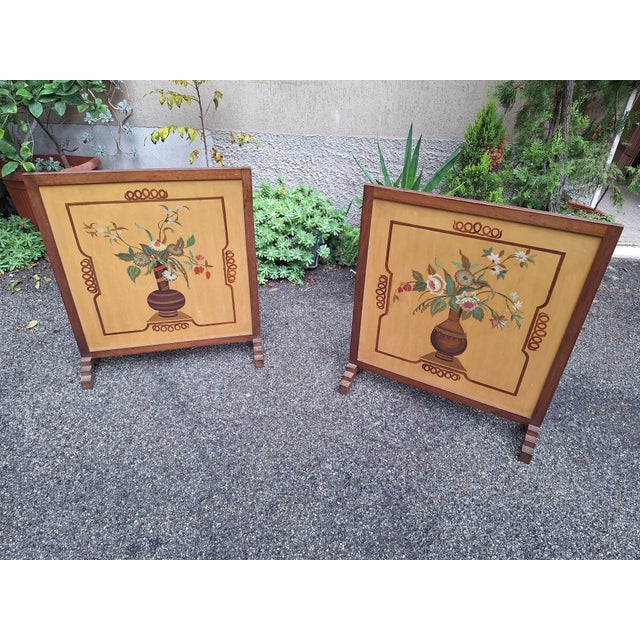 Art Deco Fireplace Andirons with Floral Paintings in Squared Wood, 1940s, Set of 2 For Sale - Image 10 of 10