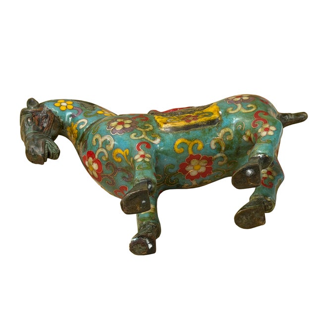 Vintage Chinese Turquoise Blue Flower Cloisonné Enamel Horse Statue For Sale In San Francisco - Image 6 of 13