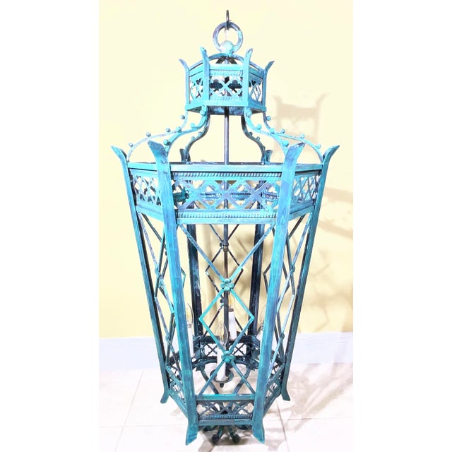 Exquisite Large Hand-Forged Iron Lantern – Verdigris Patina - 47” High X 24”Wide For Sale - Image 10 of 18