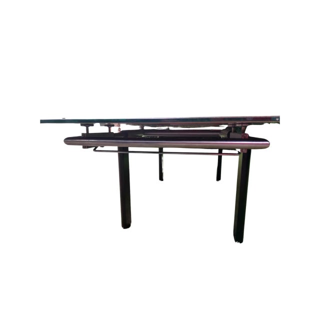 1990s Expandable Custom Made Chocolate Brown Glass Table With Black Chrome Metal Base For Sale - Image 4 of 7