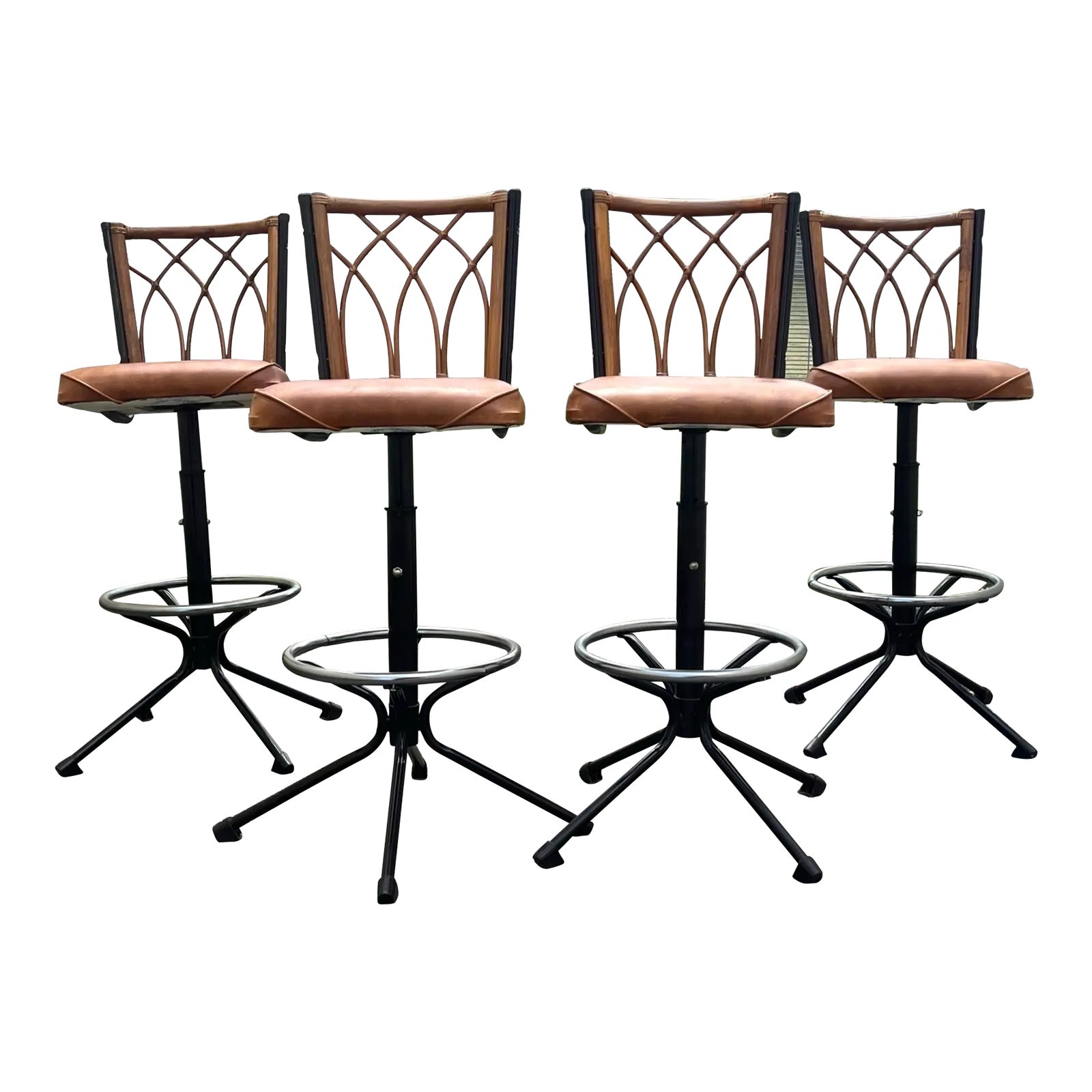 Vintage MCM Boho Rattan and Metal Orange Vinyl Swivel Bar Stools Set
