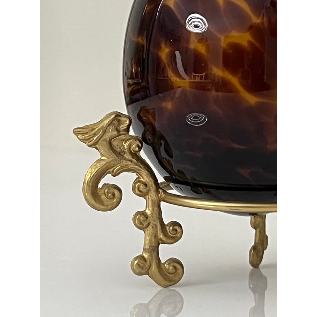 Late 20th Century Vintage Decorative Amber Tortoiseshell Glass Egg on Gilt Metal Stand For Sale - Image 5 of 10