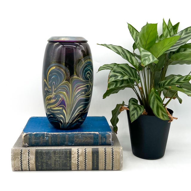Striking hand-blown studio art glass vase signed by the artist and inscribed “Hawaii” with additional numbers on the...