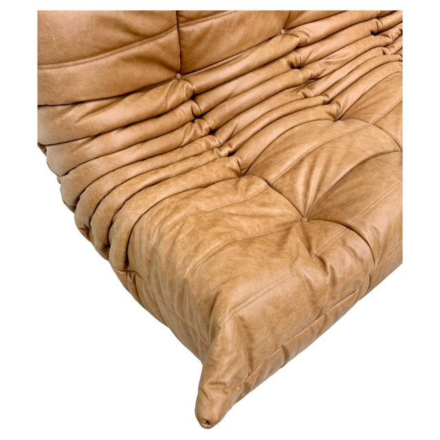 Mid-Century Modern French 3-Seater Togo Sofa in Dark Camel Leather attributed to Michel Ducaroy for Ligne Roset For Sale - Image 3 of 11