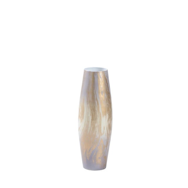 Oyster swirl vase is a large enameled iron vase that features an eye catching gold and white abstract ombre design....