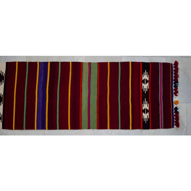 Burgundy 1990s Hand Made Short Narrow Runner Rug Turkish Kilim Hallway Rug - 1′10″ × 9′10″ For Sale - Image 8 of 14