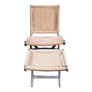 Vintage Mid Century Hans Wegner Style Folding Rope Chair & Ottoman For Sale