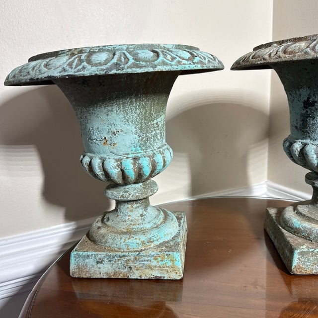 Vintage Pair French Country Cast Iron Verdigris Green Garden Urns Planters For Sale - Image 4 of 8