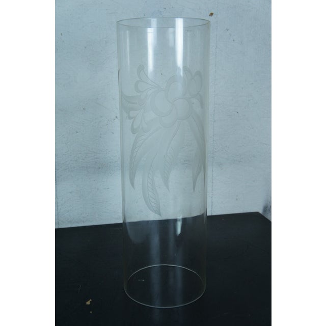 Pair of Large Late 20th Century Floral Etched Tall Glass Cylinder Hurricane Candle Shades For Sale - Image 12 of 12