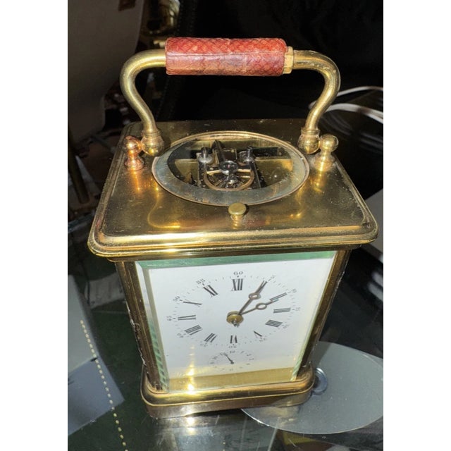 Brass 19th Century French Repeater Carriage Clock With Leather Handle For Sale - Image 8 of 9