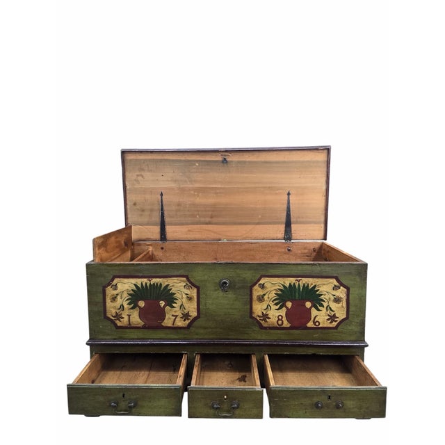 18th Century Antique Pennsylvania Dutch Folk Art Painted Blanket Chest / Hope Chest Dated 1786 For Sale - Image 5 of 9