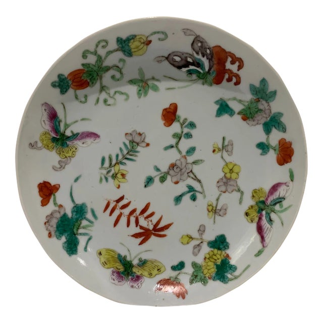Mid 19th Century Qing Antique Chinese Floral Butterflies & Bats Porcelain Plate For Sale