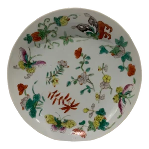 Mid 19th Century Qing Antique Chinese Floral Butterflies & Bats Porcelain Plate