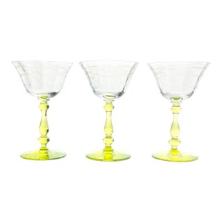 1930s Vaseline-Uranium Etched Flowers Optic Coupe Champagne Glasses - Set of 3 For Sale