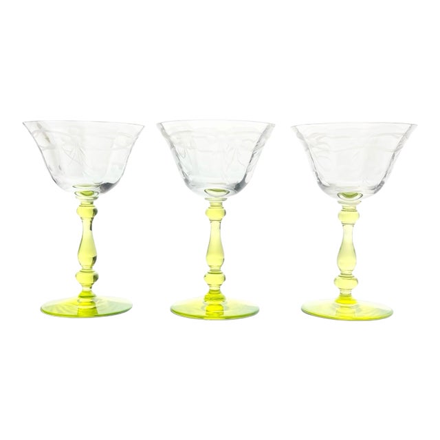 1930s Vaseline-Uranium Etched Flowers Optic Coupe Champagne Glasses - Set of 3 For Sale