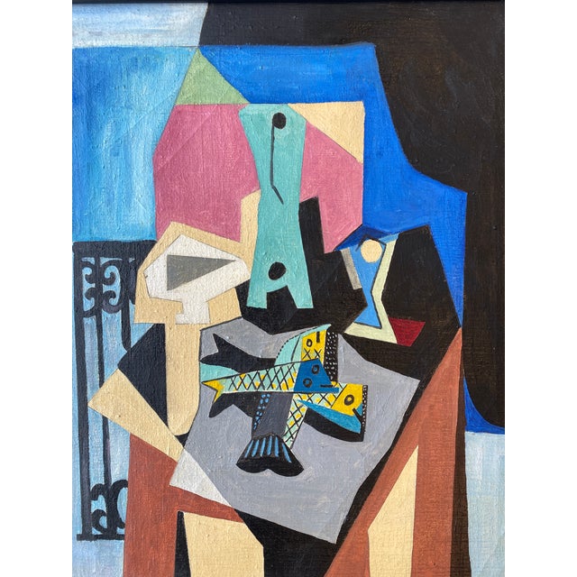 Midcentury cubist oil on canvas after Picasso's 'Still Life with Fishes' in original black & gold leaf frame. Signed R.C....