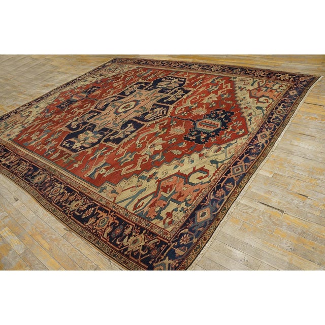 Late 19th Century 1880s Square Antique Red Geometric Anchor Medallion Persian Serapi Rug For Sale - Image 5 of 9