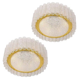 Glass and Brass Flush Mounts by Doria Leuchten, 1960s, Set of 2 For Sale