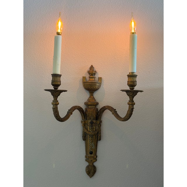 Antique French Louis XVI Style Twin-Light Wall Sconces - Gilt Bronze Ormolu Neoclassical Double Arm Wall Lights, Late 19th Century - Pair For Sale - Image 4 of 18