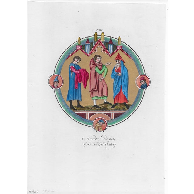 Figurative Norman Dress of the Twelfth Century Hand Colored Gilt Engraving For Sale - Image 3 of 3