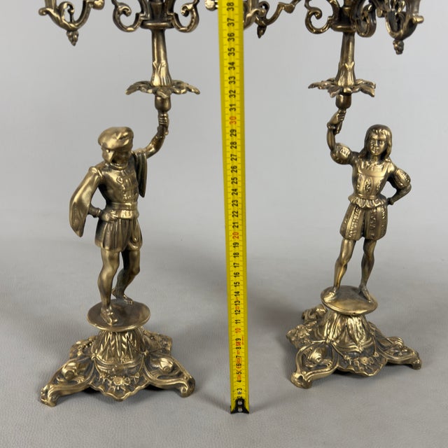 Renaissance Revival Brass Candelabras with Noble Figures, 1960s, Set of 2 For Sale - Image 13 of 15