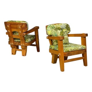 Stig Sandqvist, Brutalist Lounge Chairs, Pine, Green Fabric, Sweden, 1960s For Sale