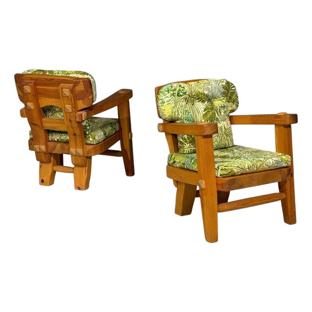 Stig Sandqvist, Brutalist Lounge Chairs, Pine, Green Fabric, Sweden, 1960s For Sale