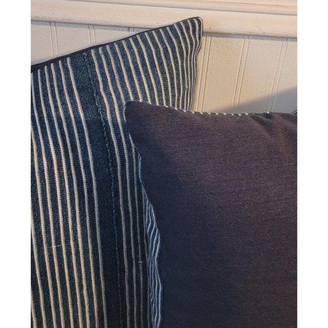 Blue and White Striped Linen Pillows For Sale - Image 4 of 5