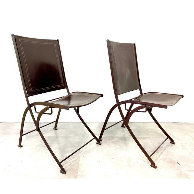 Chocolate Modern Leather and Steele Folding Chairs- A Pair For Sale - Image 8 of 8