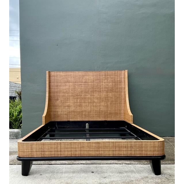 Wood Vintage Wrapped Grasscloth Queen Bed For Sale - Image 7 of 12