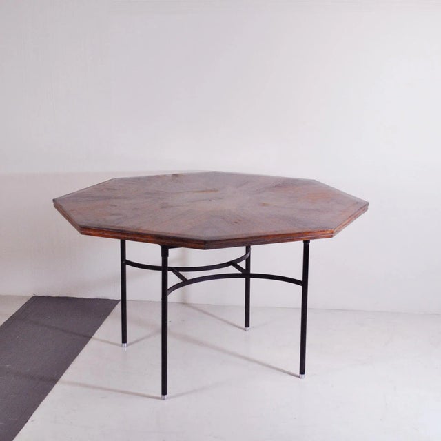 Wood Inlaid Hexagonal Wooden Table with Tubular Metal Base, 1960s For Sale - Image 7 of 8