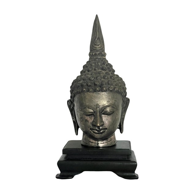 South East Asian 'Silver'' Shan Buddha Head on Carved Wood Stand For Sale - Image 9 of 11