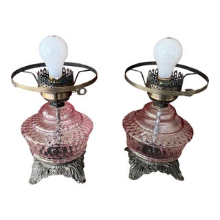 Pair of Vintage Pink Glass Hobnail Electric Lamps With Ornate Metal Bases - 10" High For Sale