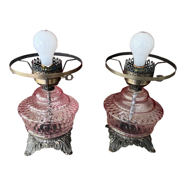 Pair of Vintage Pink Glass Hobnail Electric Lamps With Ornate Metal Bases - 10" High For Sale