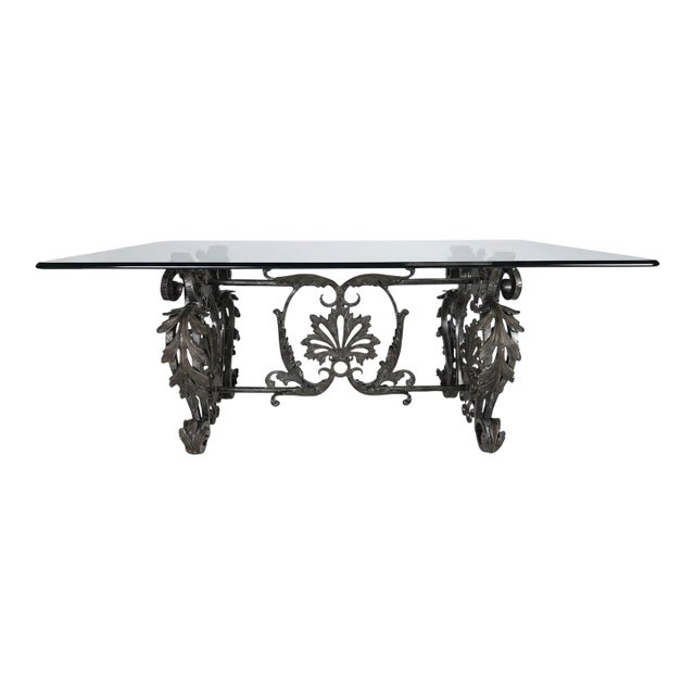 1920s Beaux-Arts Forged Iron & Bronze Table With Thick Beveled Glass Top For Sale