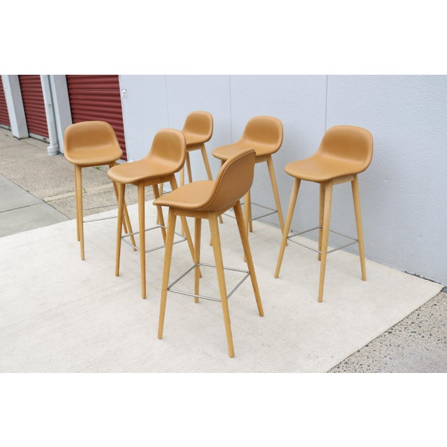 Brown Danish Iskos-Berlin for Muuto Brown Leather Fiber Bar Stools Oak Base - Set of 3 For Sale - Image 8 of 18