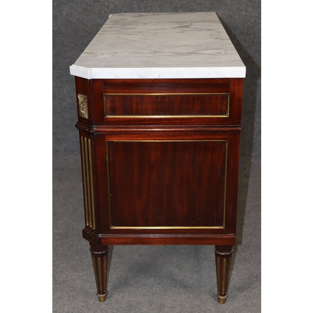 Stone French Louis XVI Directoire Style Brass Mounted White Marble Top Commode For Sale - Image 7 of 17