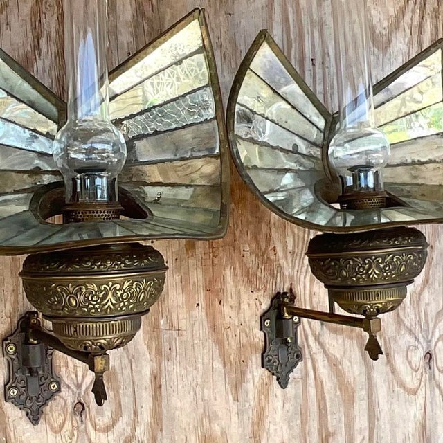 Brass Vintage Wheeler Mirrored Glass Wall Sconces, Pair For Sale - Image 8 of 13