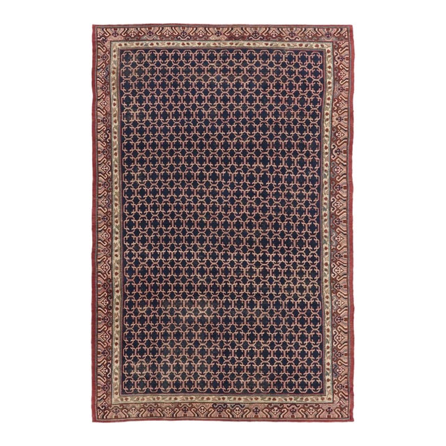 Vintage Turkish Anatolian Rug in Indigo & Red Geometric Lattice - Rug & Kilim For Sale