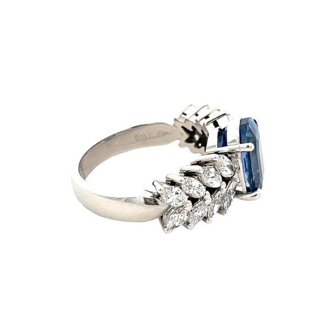Platinum 3.40 Carat Weight Natural Sapphire & 0.98 CTW Marquise Diamond Ring, Size 4.5 For Sale In New York - Image 6 of 10
