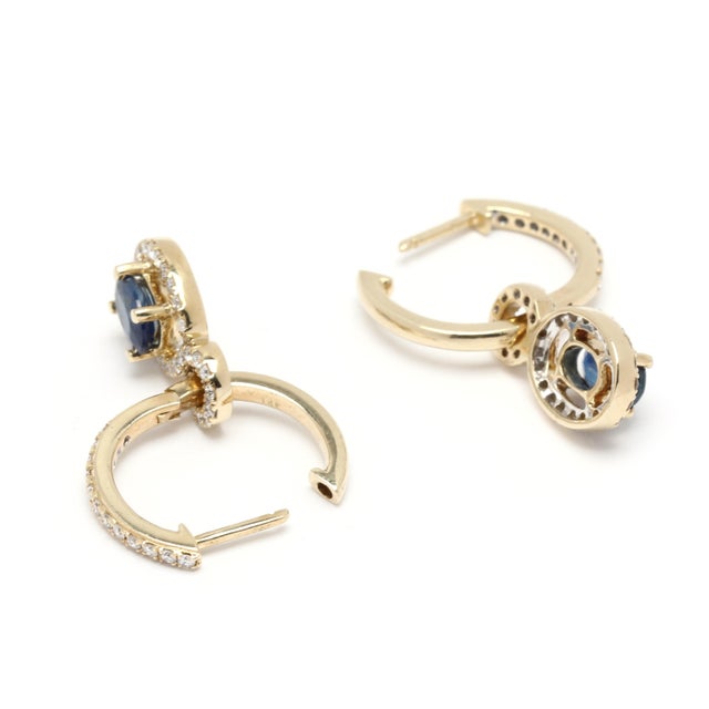 Modern 1.6ctw Diamond & Sapphire Dangle Hoop Earrings, 14k Yellow Gold, Length 7/8 In., Pair For Sale - Image 3 of 4