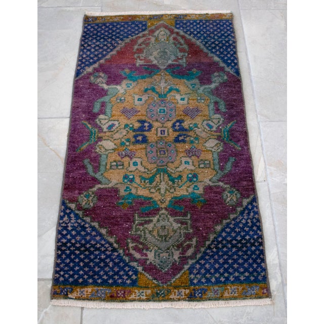 Distressed Low Pile Turkish Petite Rug Hand Knotted Entry Mat - 17'' X 31'' For Sale - Image 11 of 13