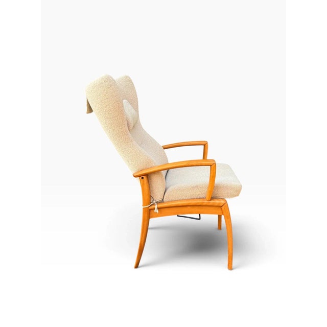 Beige Danish Modern High Wingback Recliner Attributed to Farstrup | Cream Bouclé With Headrest Pillow | Teak Frame For Sale - Image 8 of 15