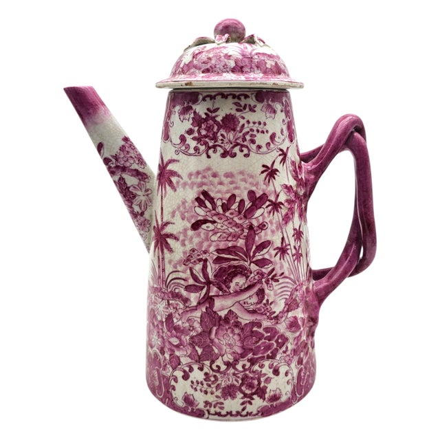Late 20th Century Maximalist Pink Chinoiserie Lidded Coffee Pot, Fine Crackle Glaze Porcelain 11.75" For Sale - Image 4 of 17
