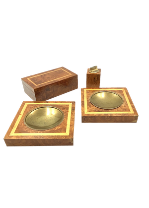 Smoking Set in Brass and Wood, Italy, 1970s, Set of 4