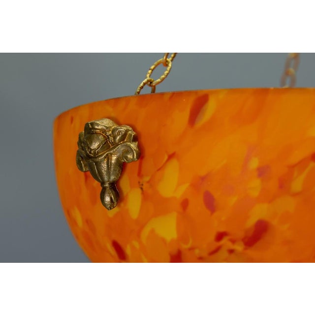 French Art Deco Mottled Orange Glass & Brass Pendant Light, 1930s For Sale - Image 11 of 18